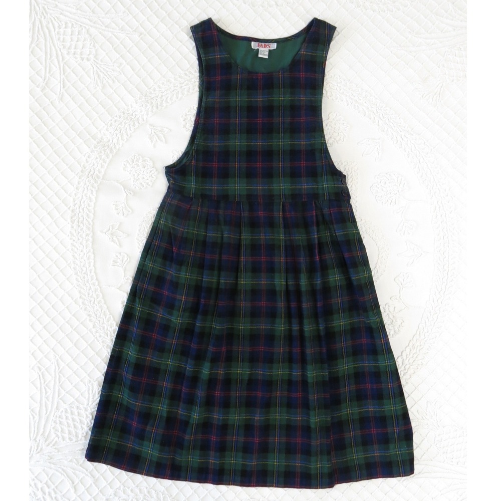 Vintage FADS Plaid Corduroy Jumper Dress Green Blue Tartan Pinafore Academia S